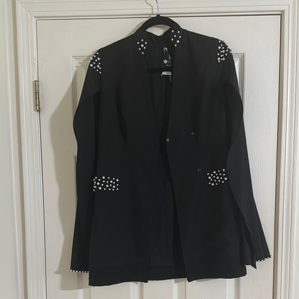 Black Studded Women's Cape Blazer Jacket with pearl embellishments
